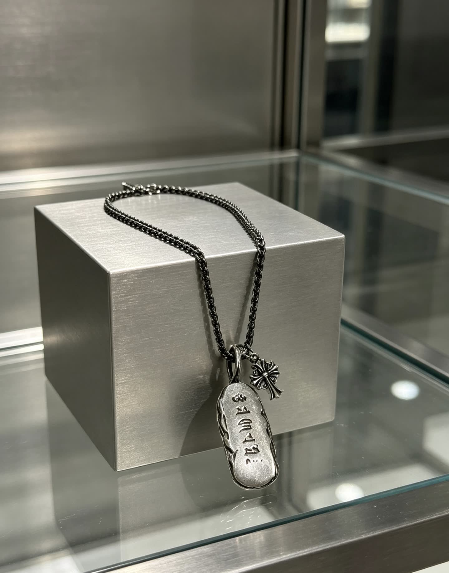 Chrome Hearts Silver 'Buddha' Charm Necklace with Black Beads